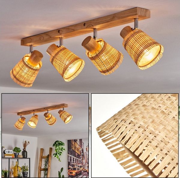 hofstein Deckenleuchte Deckenlampe aus Holz/Metall/Bast in Hellbraun/Chrom-/Naturfarben, ohne Leuchtmittel, mit verstellbaren Strahlern, 4 x E14, ohne Leuchtmittel