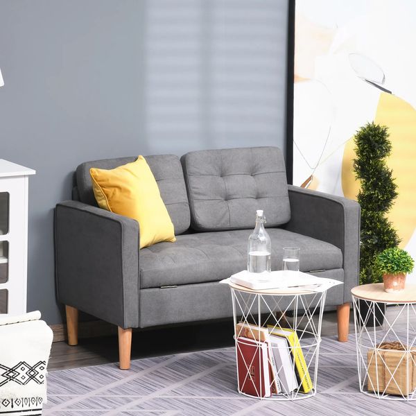 Sofa 2-Sitzer 117x62x78 cm Grau mit Stauraum, Polyesterbezug und Knopfheftung