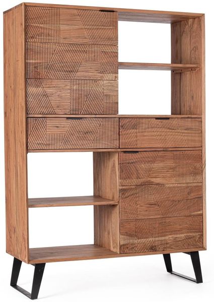 Highboard Rasil aus Akazienholz, handgefertigte Schnitzereien, klassisch, natur, schwarzes Metallgestell