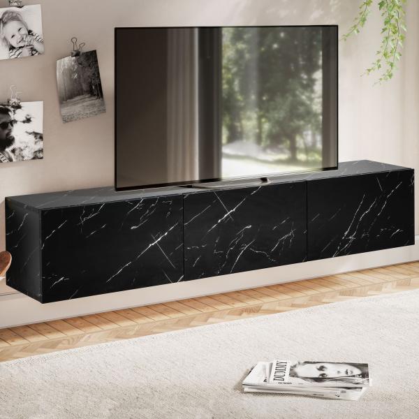 FineBuy Lowboard Hängend Marmor-Optik 160x30x30 cm TV-Schrank, Design Fernsehtisch mit Klapptüren Modern, Fernsehschrank Wand, TV-Kommode Fernsehkommode zum Aufhängen Schwarz