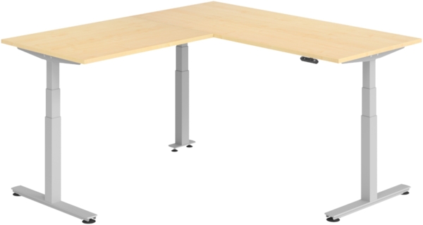 bümö Eckschreibtisch elektrisch höhenverstellbar L-Form: 180 x 200 cm in Ahorn, Gestell silber - Stehschreibtisch mit Memory-Steuerung, elektrischer XXL Schreibtisch für die Ecke, XDSMW-1912-3-S