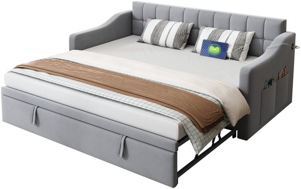 Schlafsofa, Samt mit Ausziehfunktion & USB-Anschluss, 90x190 cm, Hellgrau, ohne Matratze Bild 9