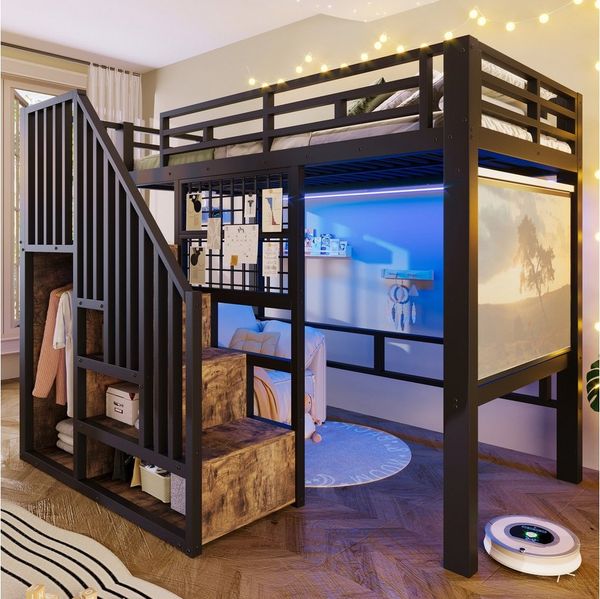 Flieks Hochbett projektoraufhängbar Metallbett 90x200cm mit Lichtstreife, Gitter und Stauraumtreppe