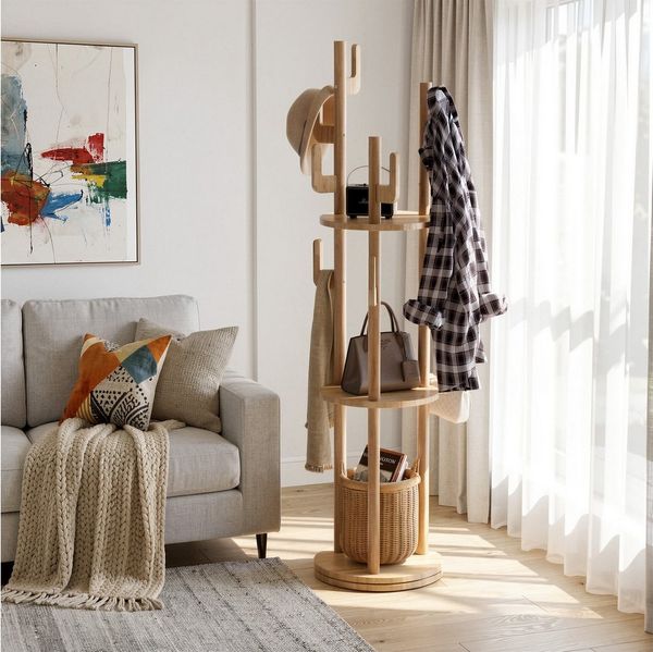 TWSOUL Garderobenständer Kleiderständer drehbare, mit 9 Haken und 3 Ablagen, 160*40cm, Freistehend Standgarderobe Garderobe in Baumform
