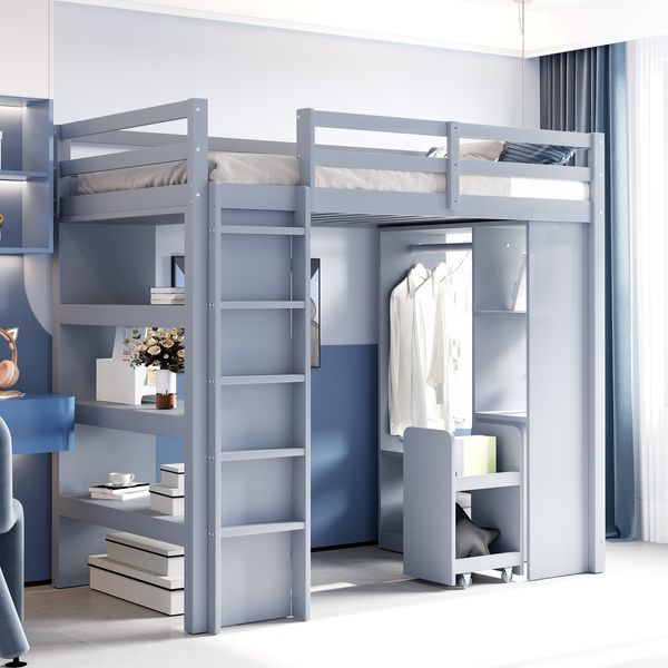 Kinder-Hochbett 90x200 cm mit Stauraum, Rollwagen, Regalen, Kleiderablage, Massivholz, Jugendzimmer,Grau