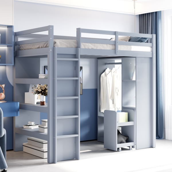 Kinder-Hochbett 90x200 cm mit Stauraum, Rollwagen, Regalen, Kleiderablage, Massivholz, Jugendzimmer,Grau