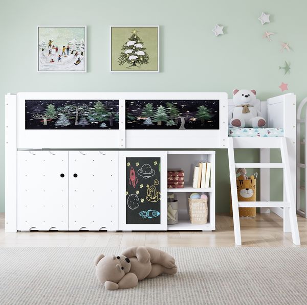 Hochbett 90x200 cm in Weiß mit Stauschrank, Kreidetafel & Leiter, ohne Matratze