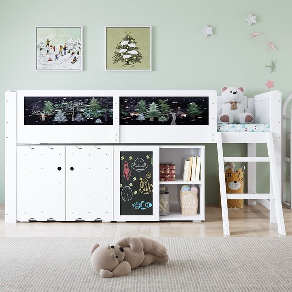 Hochbett 90x200 cm in Weiß mit Stauschrank, Kreidetafel & Leiter, ohne Matratze