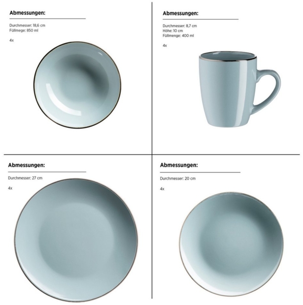 Modernes Geschirr Set für 4 Personen mit messingfarbenem Rand, 16-teiliges Kombiservice mit randlosen Coupe-Formen; Mint