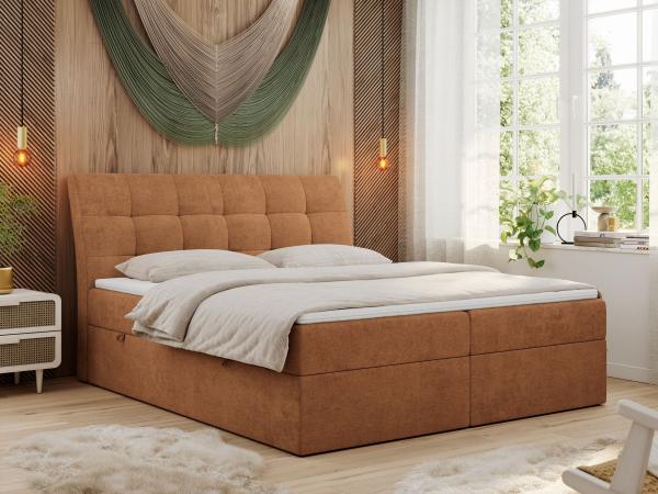 Boxspringbett Polsterbett mit Multipocket-Matratze und Topper - DIEGOS - 140x200cm - Orange Stoff - H4