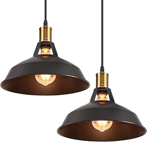 iDEGU 2-teiliges Pendelleuchten-Set im Industrial-Stil — 27 cm Vintage-Hängeleuchten aus Metall mit E27-Fassungen — Geeignet fur Küchen, Wohnzimmer, Esszimmer, Flure, Restaurants und mehr (Schwarz)