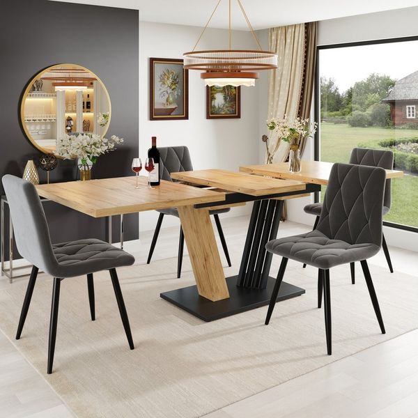 Odikalo Essgruppe 4 Esszimmerstühle 1 Esstisch, Ausziehtisch 5er-Set, (Tisch 120(160) x 80x76 cm (inkl. 4 Stühlen), geeignet für 4-6 Personen, Stühle in samtigem)