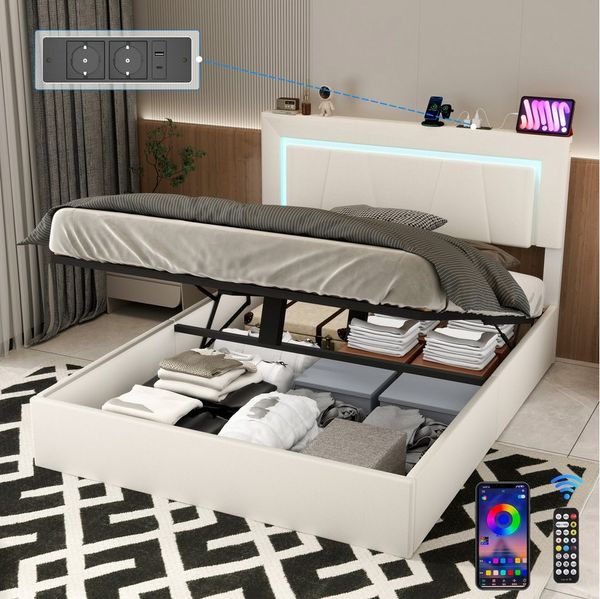oyajia Polsterbett LED Doppelbett 140x200 cm mit Ladefunktion und Hydraulisch anhebbarer (PU-Leder material Polsterbett mit RGB Beleuchtung, ohne Matratze, ohne Matratze), mit Lattenrost und Ladefunktion, mit Komforthöhe, Leises Design Bett