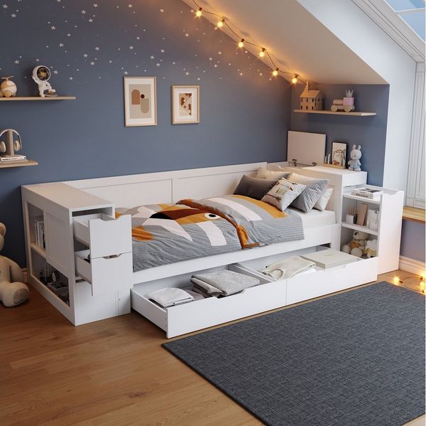BlingBin Kinderbett Multifunktionales Einzelbett Jugendbett Massivholzbett Stauraumbett (Kinderbett mit Schubladen, Regalen und Stauraum, mit Nachttisch, 1-tlg, 90x200 cm, Ohne Matratze, Belastbarkeit maximal: 200KG), Bettgestell für Schlafzimmer Kin...