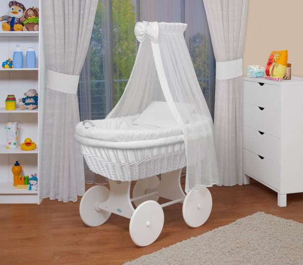 WALDIN Baby Stubenwagen-Set mit Ausstattung, Gestell/Räder weiß lackiert, Ausstattung weiß