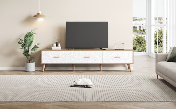 TV-Schrank B 150 x T 39 x H 35 cm aus Spanplatte in Holzoptik/Weiß, mit 3 Schubladen