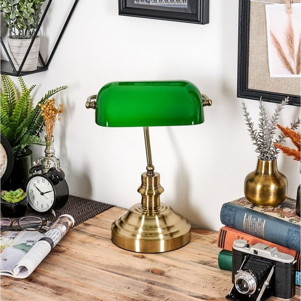 hofstein Tischleuchte Tischlampe aus Metall/Glas in Messing/Grün/Weiß, Schreibtischlampe, ohne Leuchtmittel, traditionelle Bankerlampe für Büros im Vintage-Design, Zugnschnur, E27