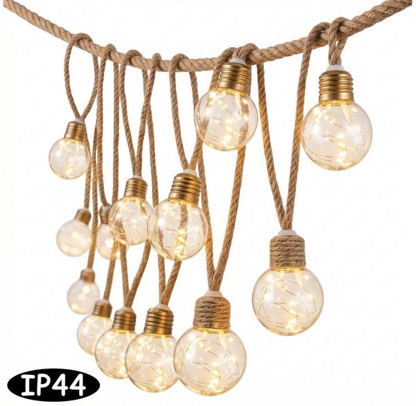 Norvéa Home Lichterkette Solar Lichterkette Außen Glühbirnen Juteseil IP44 Warmweiß, Solar Lichterkette IP44, G40 Fairy Light, 8 Modi, Juteseil