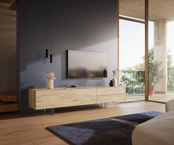 Lowboard Cuor 220 cm Keramik Laminam® Sabbia Eichefarbig 1 Klappe 2 Schubfächer Fuß Schwebeoptik Acrylglas