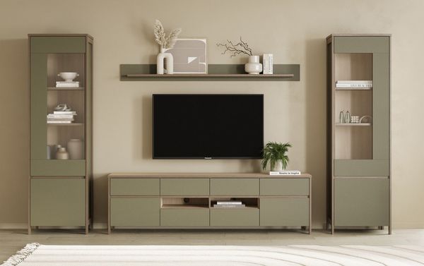 Home affaire Wohnwand Stranda, moderne Anbauwand, Komplettset im Scandi-Style, (4-St), enthält zwei Vitrinen, Lowboard und Wandboard, 344 cm breit