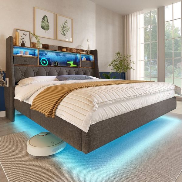 Flieks Polsterbett, Schwebebett 180x200cm mit LED-Beleuchtung, Aufladen, Stauraum-Kopfteil