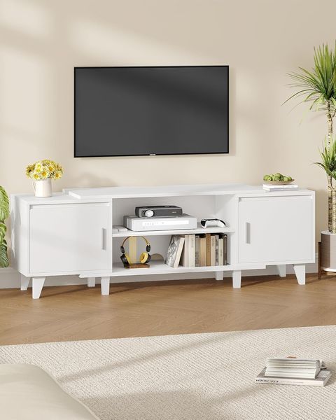 TV- Schrank, Fernsehschrank, für TV-Geräte unter 60 Zoll, TV-Ständer mit 2 Schränken und 2 Freiflächen, 140 x 40 x 51,5 cm, für Wohnzimmer, Schlafzimmer, Esszimmer, Weiß