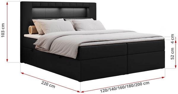 Boxspringbett - Polsterbett mit LED Kopfteil - GOLD-5 - 120x200cm - Schwarz Kunstleder - H4 Bild 5