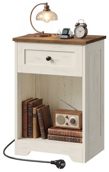 VASAGLE Nachttisch im Landhausstil mit Steckdose und USB, Beistelltisch mit Schublade, 40 x 30 x 59 cm, Weiß und Braun
