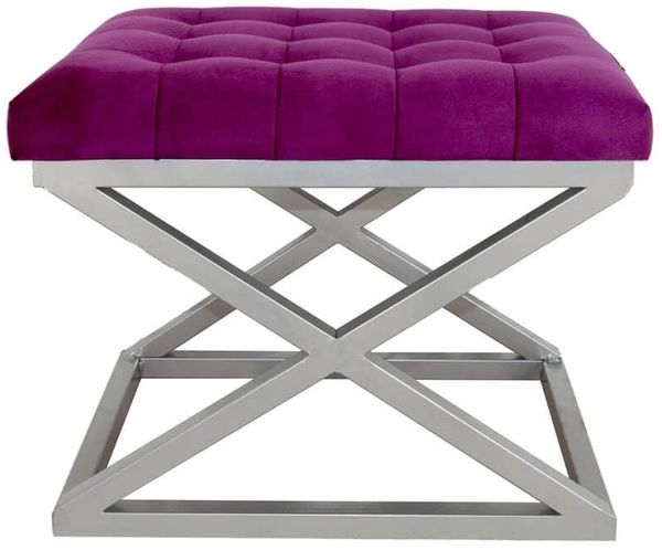 Atelier Del Sofa Stylish Pouffe with Metal Frame, 50 x 42 x 40 cm | 100% Polyester Babyface, Silver & Fuchsia | Perfect for Modern Living Rooms & Bedrooms