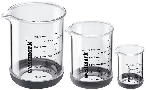WESTMARK Messbecher Messglas-Set, 3tlg, 50, 100, 250 ml, Borosilikatglas, Silikon, (Set, 3-St), Skalen in ml, Tbsp, tsp und fl oz