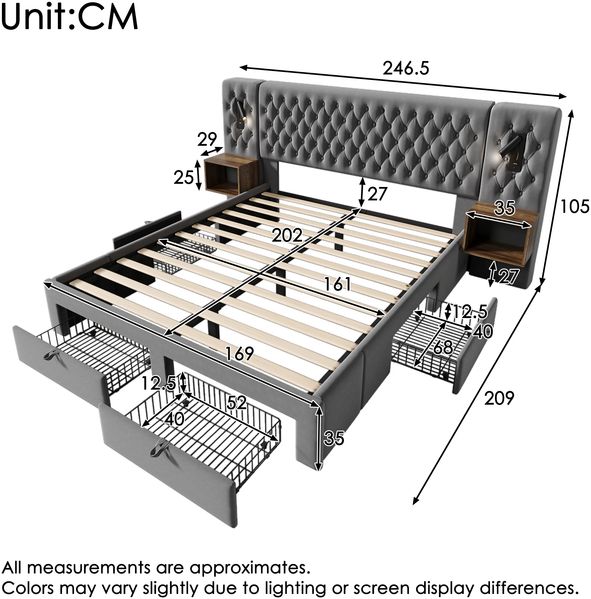 Merax Doppelbett 160×200 cm Schlafzimmer Komplett Set, Polsterbett mit 2 Nachttischen und 4 Schubladen, Kopfteil Leselicht mit USB Ladefunktion, Grau, Samt (Ohne Matratze)