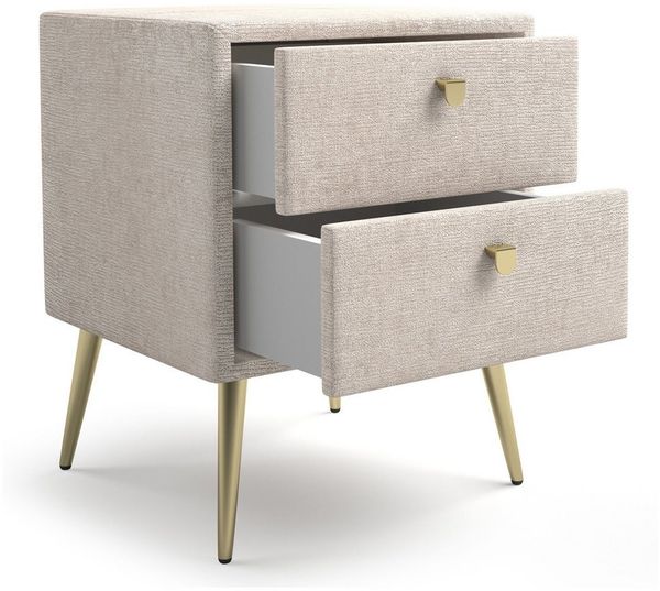 Lomadox Nachttisch BERNALDA-166, mit Stoffbezug, Beige, 2 Schubladen, goldfarbene Griffe und Füße