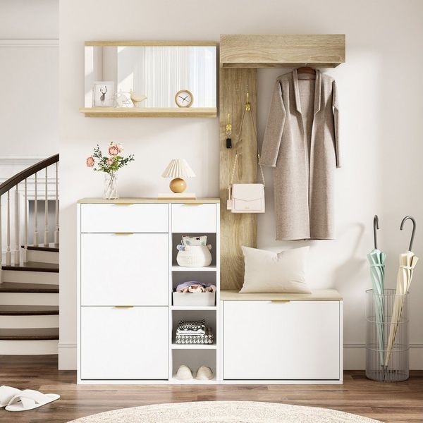 Merax Esszimmer-Set Flurmöbel Komplett 4-teilig mit, (1-St, Schuhschrank,SitzbankWandgarderobe, Spiegel), Garderobenständer Flur Möbel