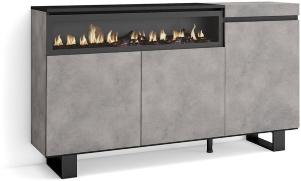 Skraut Home | Sideboard, Highboard | Kommode, Komodenschrank | 150 x 87 x 35 cm | 3 Türen | Elektrokamin. Maße | Industriedesign | Moderner Stil | Zement