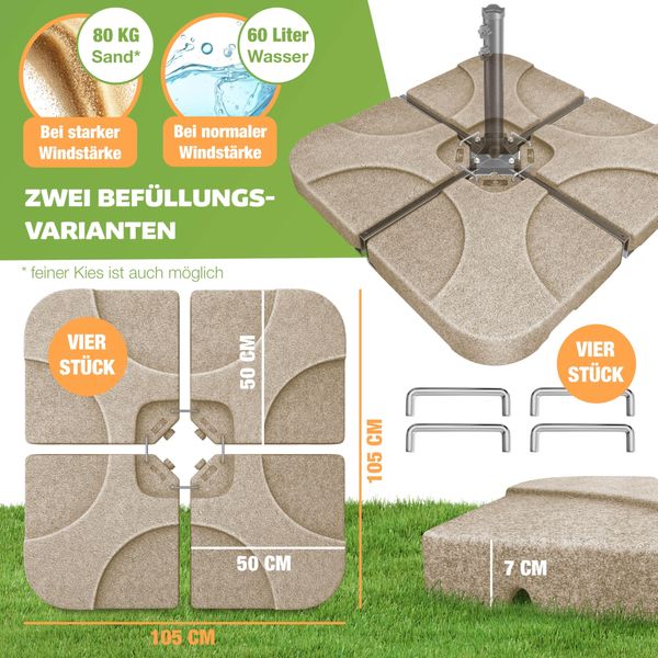 KESSER® Sonnenschirmständer 4-teilig Schirmgewicht Schirmständer für Ampelschirm Bodenkreuz 60 Liter / 80 kg befüllbar mit Wasser oder Sand Inkl. Metallverbinder Ampelschirmständer Kunststoff Sand / Marmor Bild 8