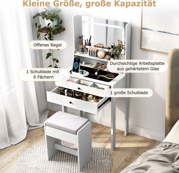COSTWAY Schminktisch (1-St), Kosmetiktisch, mit Hocker, Steckdosen, LED Spiegel
