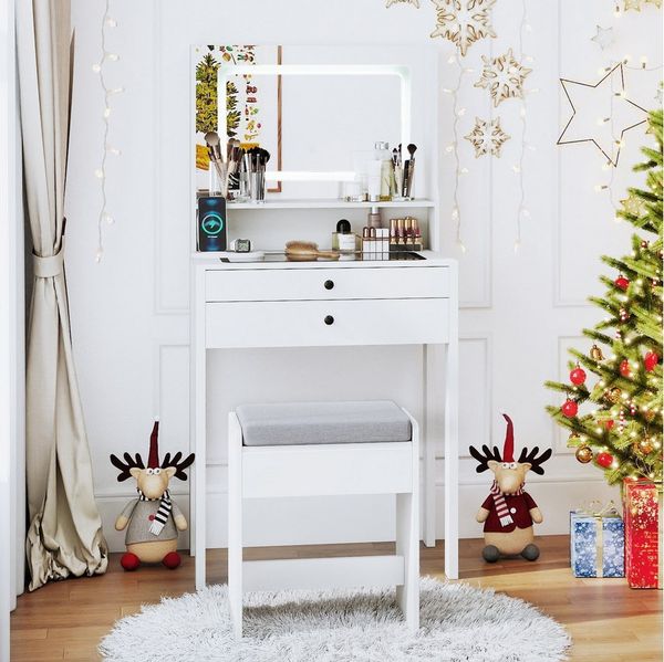 COSTWAY Schminktisch (1-St), Kosmetiktisch, mit Hocker, Steckdosen, LED Spiegel