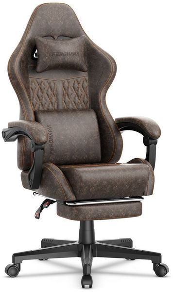 Ferghana Gaming-Stuhl Ergonomisch,Racing Gamer Sessel mit Fußstütze, Lendenkissen,Kopfkissen (Packung), PU Leder Computerstuhl, 360° drehbar