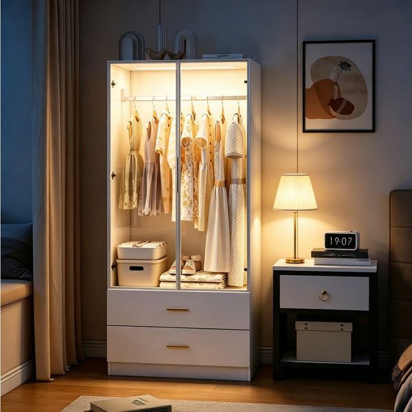 Furnishings Home Kleiderschrank Schlafzimmerschrank Schrank garderobe LED, Höhe: 175 cm (2 Türen, 2 Schubladen, 1 Kleiderstange) Universalschrank mit LED-Beleuchtung Wäscheleine