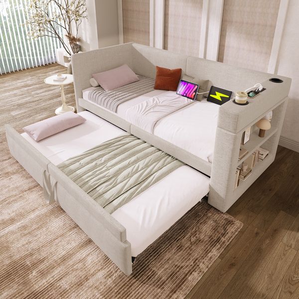 Schlafsofa mit Ausziehbett, Baumwoll-Leinen-Mix, USB-Anschluss & Ablagen, 90x200 cm, Beige, ohne Matratze