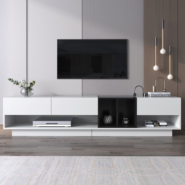 TV-Lowboard, Spanplatte Hochglanz mit 3 Schubladen & 2 Fächern, 190x40x42 cm, Weiß/Schwarz