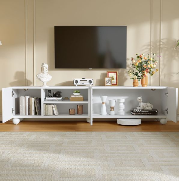 TV-Lowboard 200 x 40 x 44 cm mit 3 Türen und halboffenen Fächern – weißer TV-Schrank aus Spanplatte