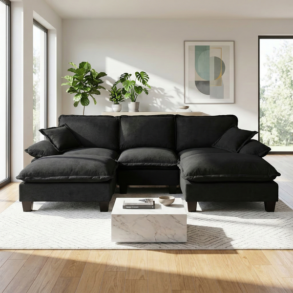 Ecksofa aus Chenille 224x155x90 cm mit 2 Ottomanen & 2 Kissen, schwarz