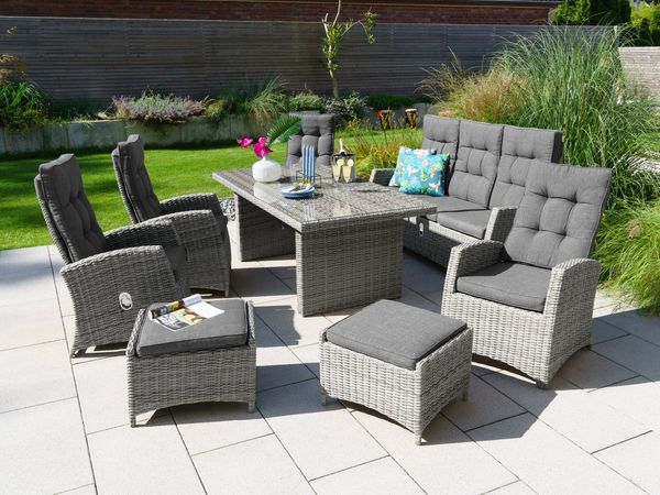 KONIFERA Garten-Essgruppe Monaco, (Set, 24-tlg, 4x Sessel, 1x 3er Sofa, 2x Hocker, 1x Tisch 200x100x75cm), Polyrattan, Aluminium, mit verstellbaren Rückenlehnen, inkl. Auflagen