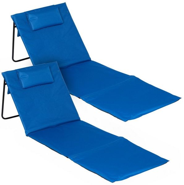 Spetebo Strandmatte 2er Set klappbar mit Verstellbarer Rückenlehne - blau - Liegematte faltbar 145x48 cm mit Kopfkissen - Gartenliege Strandliege Sonnenmatte für Garten Camping Picknick