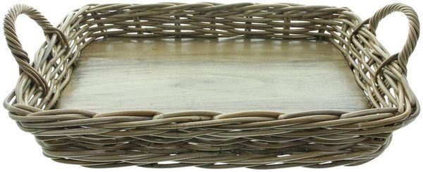 Dekoleidenschaft Tablett "Koboo Grey" Rattan, grau, mit Griffen, 50x35 cm groß, Serviertablett, Rattan, Korbtablett rechteckig, Kaffeetablett