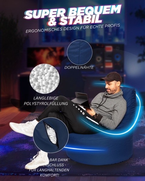 Patchhome Gamer Sitzsack, bereits befüllt, Polyester marine, Ø 75 cm Bild 5