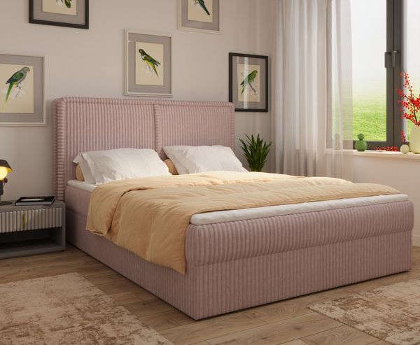MOEBLO Boxbett Bett 04 (Bonnellmatratzen + Topper, Doppelbett gepolstertes Kopfteil Bett mit Bettkasten, aus Cord, Polsterbett Kontinentalbett), (BxHxT):143/163/183x113x214cm