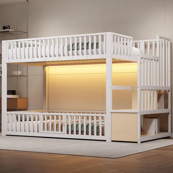 Etagenbett mit 1 Lattenrost, RGB LED-Streifen, Rausfallschutz und Tür, Treppe mit Regal, 90x200 cm, Kinderbett, Metallbett