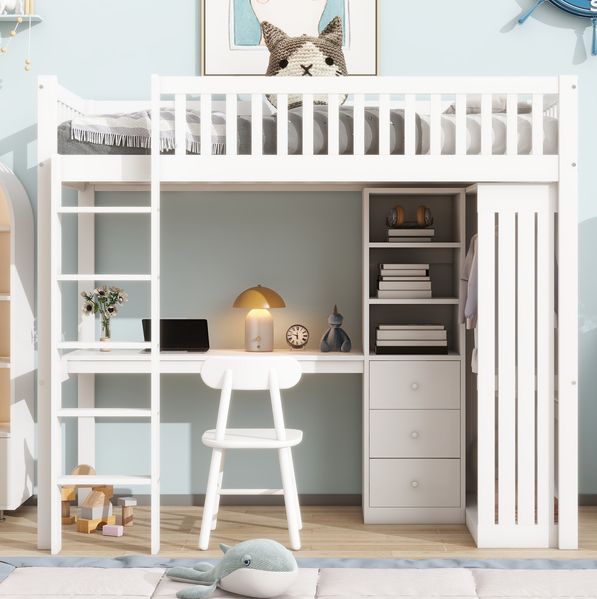 Bett 90x200 cm mit Schreibtisch und Kleiderschrank – Hochbett mit Stauraum und sicherer Treppe